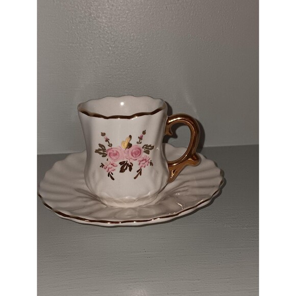 Vintage Porcelain Demitasse Cup & Saucer – Pink Rose Floral – Shabby Chic - Picture 2 of 2